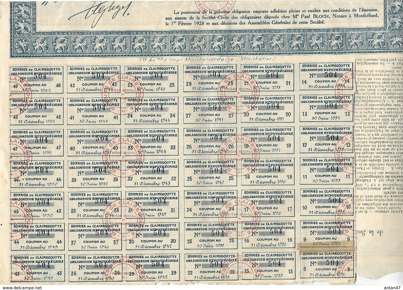 Obligation Hypotécaire De 500F Au Porteur / 70 Haute Saône / Soieries De CLAIREGOUTTE 1928 - A - C