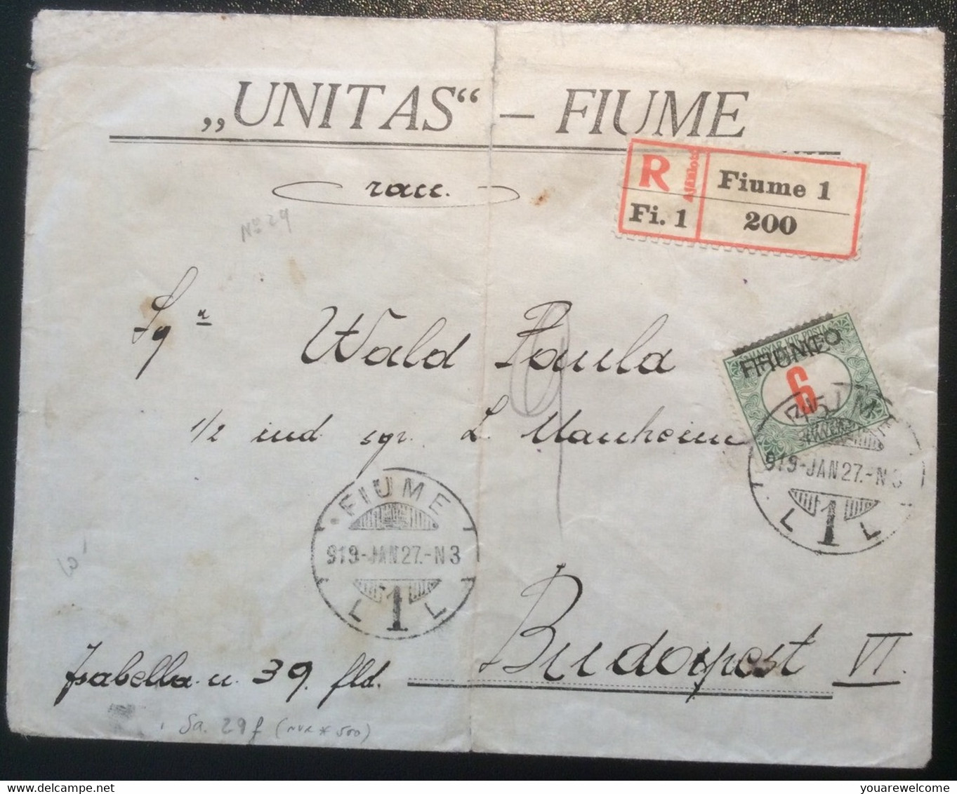 Fiume 1919 Sa. 29f RARE VARIETY Lettera > Budapest (Italy Croatia 1914-18 War Cover Brief Lettre Hungary Yugoslavia - Fiume