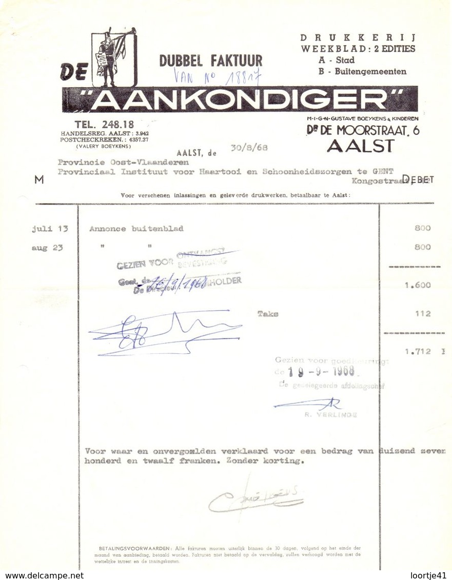 Factuur Facture - Weekblad Drukkerij De Aankondiger - Aalst 1968 - Imprenta & Papelería