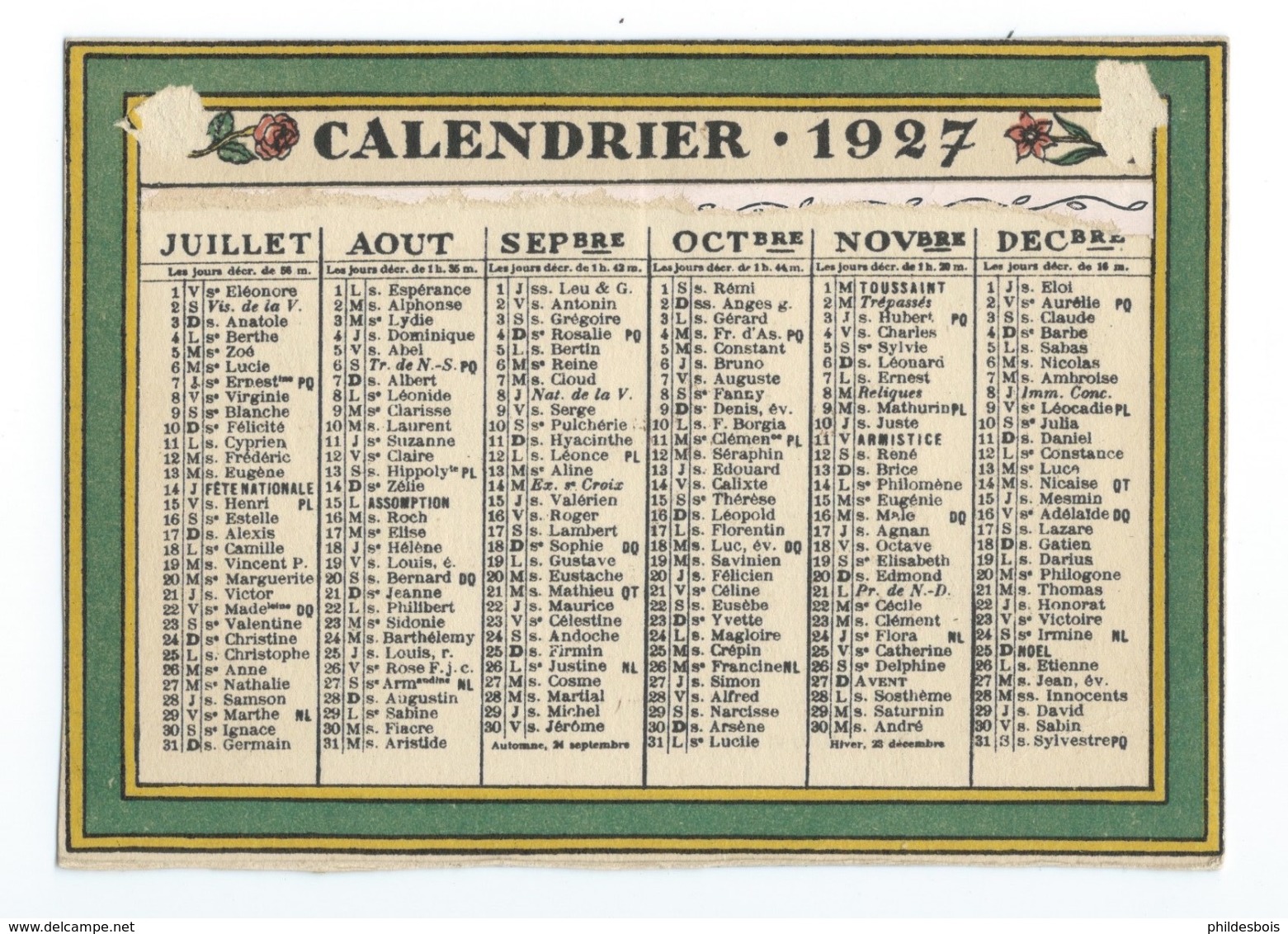 CALENDRIER DE POCHE 1927 - Autres & Non Classés