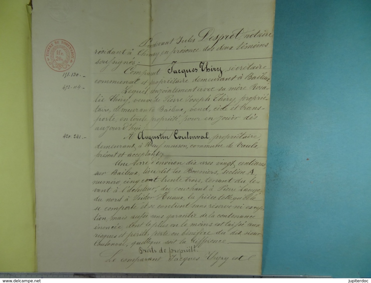 Acte Notarié  1860 Vente De Thiry De Baileux à Coulonval De Vaulx /6/ - Manuscrits