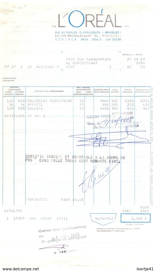 Factuur Facture - Produits Cosmetiques L' Oréal - Bruxelles 1968 - Droguerie & Parfumerie