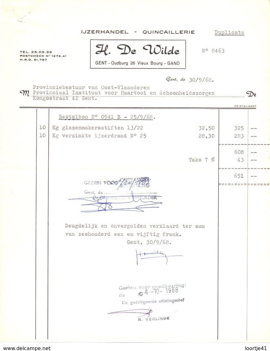 Factuur Facture - IJzerhandel De Wilde - Gent 1968 - Artigianato