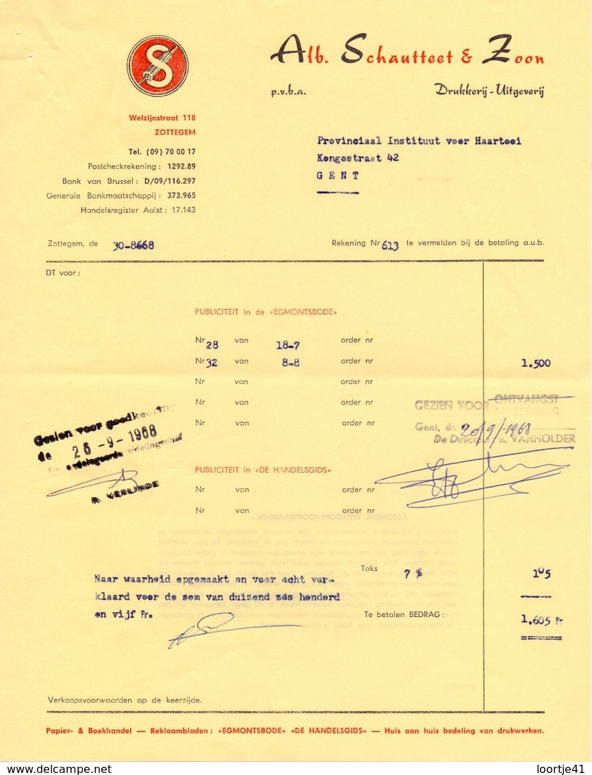 Factuur Facture - Drukkerij Alb. Schautteet & Zoon  - Gent 1968 - Imprenta & Papelería