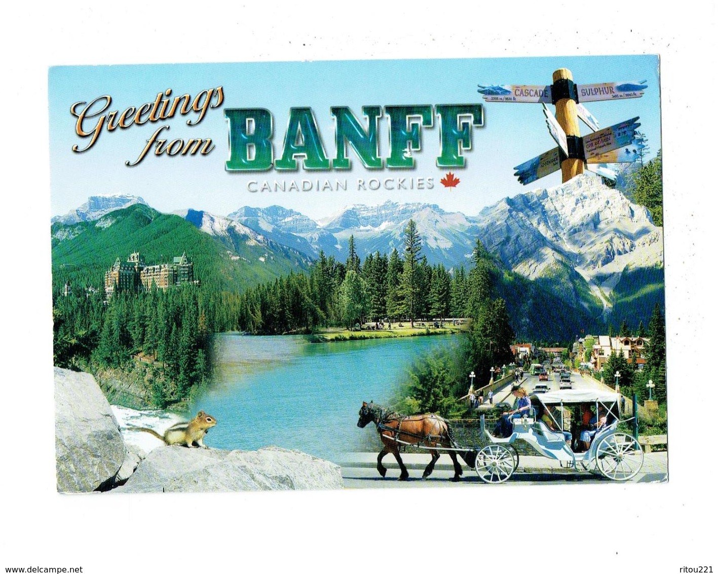 Cpm - Canada - Greetings From BANFF CANADIAN ROCKIES Totem Direction Attelage Cheval Souris Mouse - Cartes Modernes