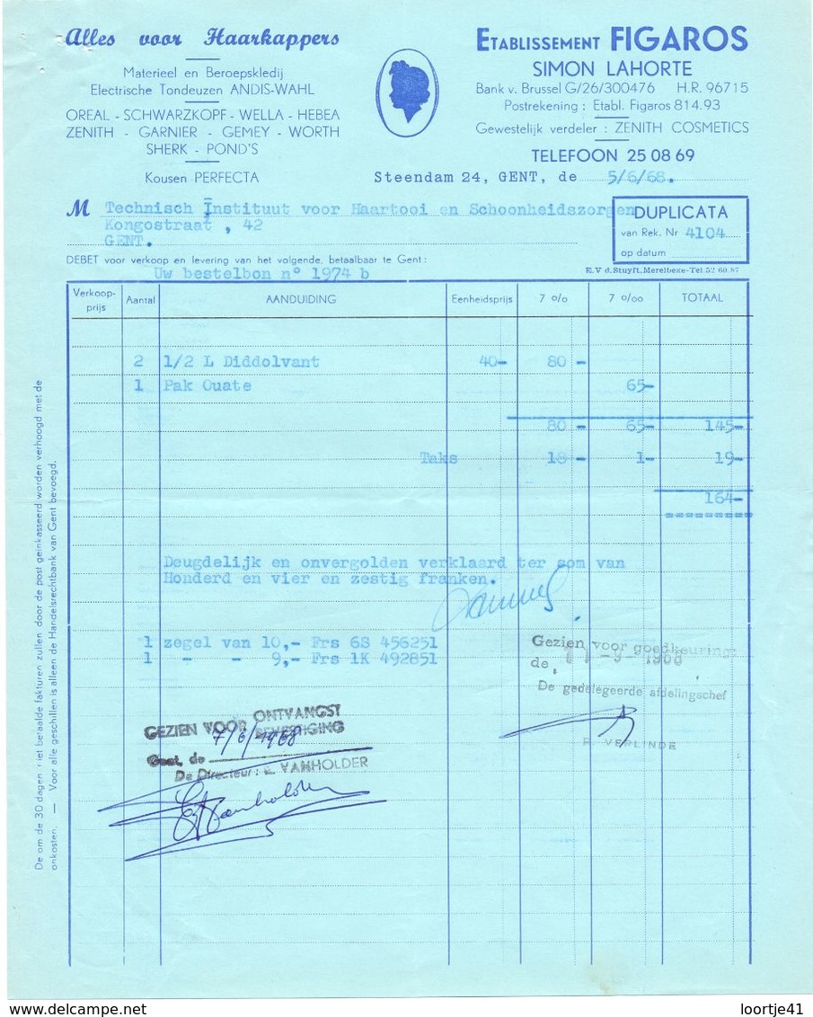 Factuur Facture - Alles Voor Haarkappers - Ets Figaros - Simon Lahorte - Gent 1968 - Droguerie & Parfumerie