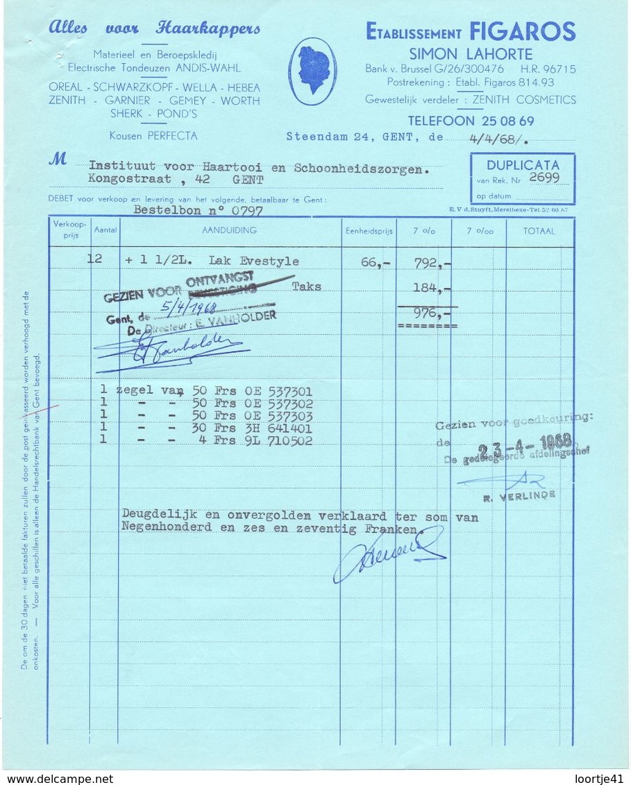 Factuur Facture - Alles Voor Haarkappers - Ets Figaros - Simon Lahorte - Gent 1968 - Droguerie & Parfumerie