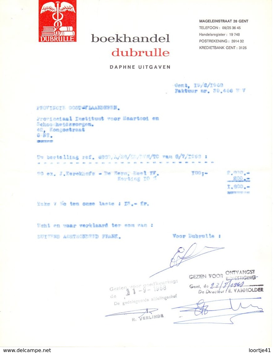 Factuur Facture - Boekhandel Dubrulle - Gent 1968 - Imprimerie & Papeterie