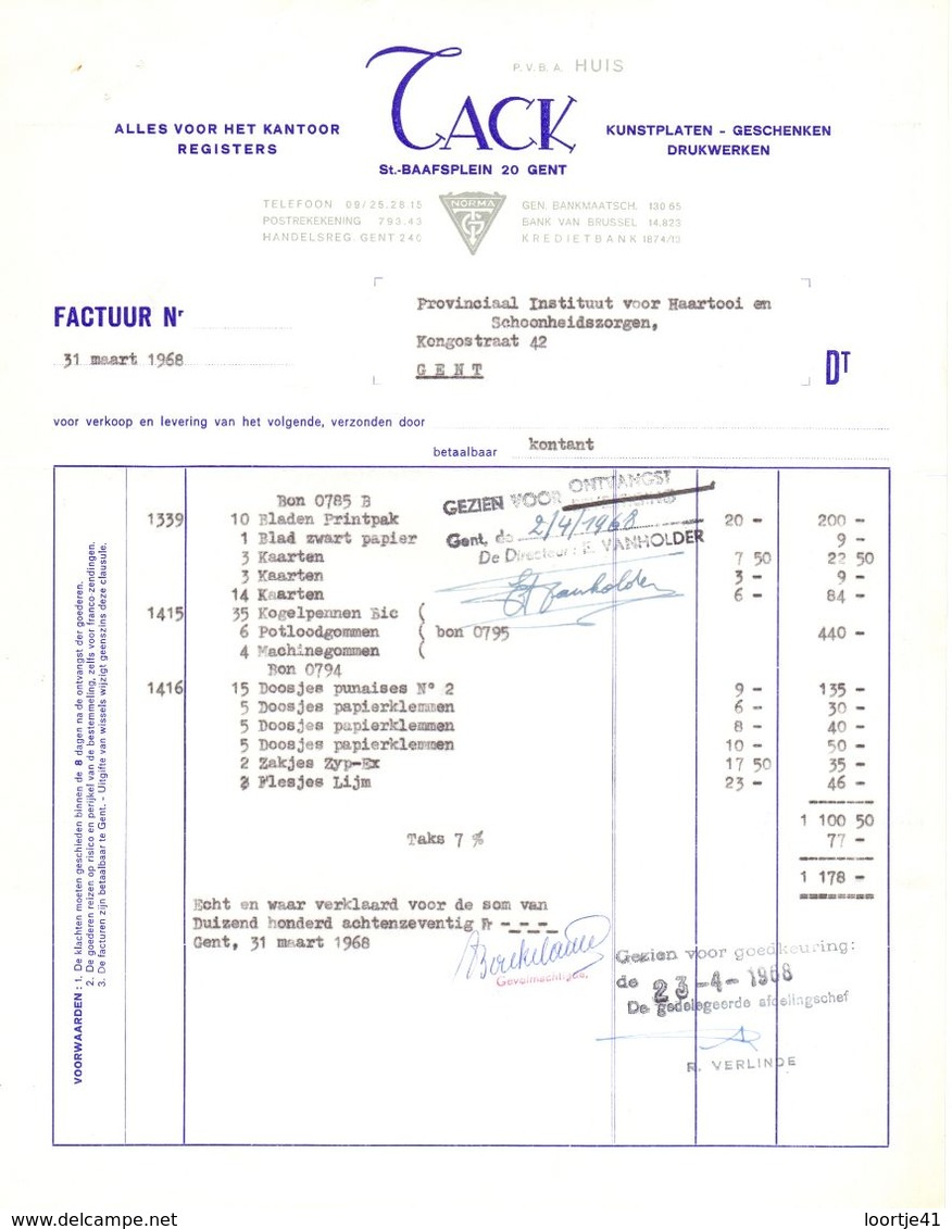 Factuur Facture - Alles Voor Kantoor Tack  - Gent 1968 - Imprenta & Papelería