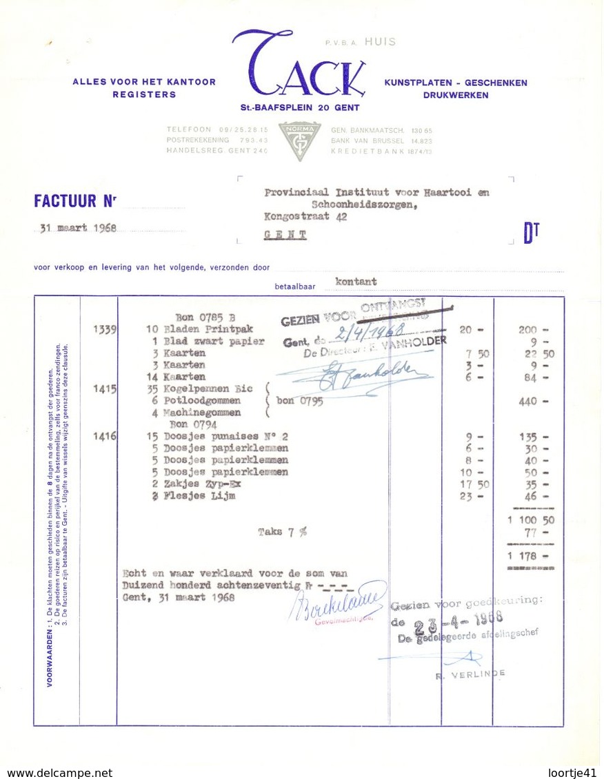Factuur Facture - Alles Voor Kantoor Tack  - Gent 1968 - Printing & Stationeries