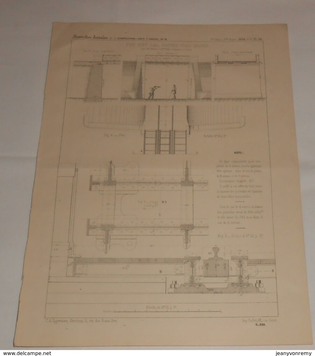 Plan D'un Type De Pont Rail De Naples à L'Adriatique. Poutres Tôles Droites. 1864 - Travaux Publics