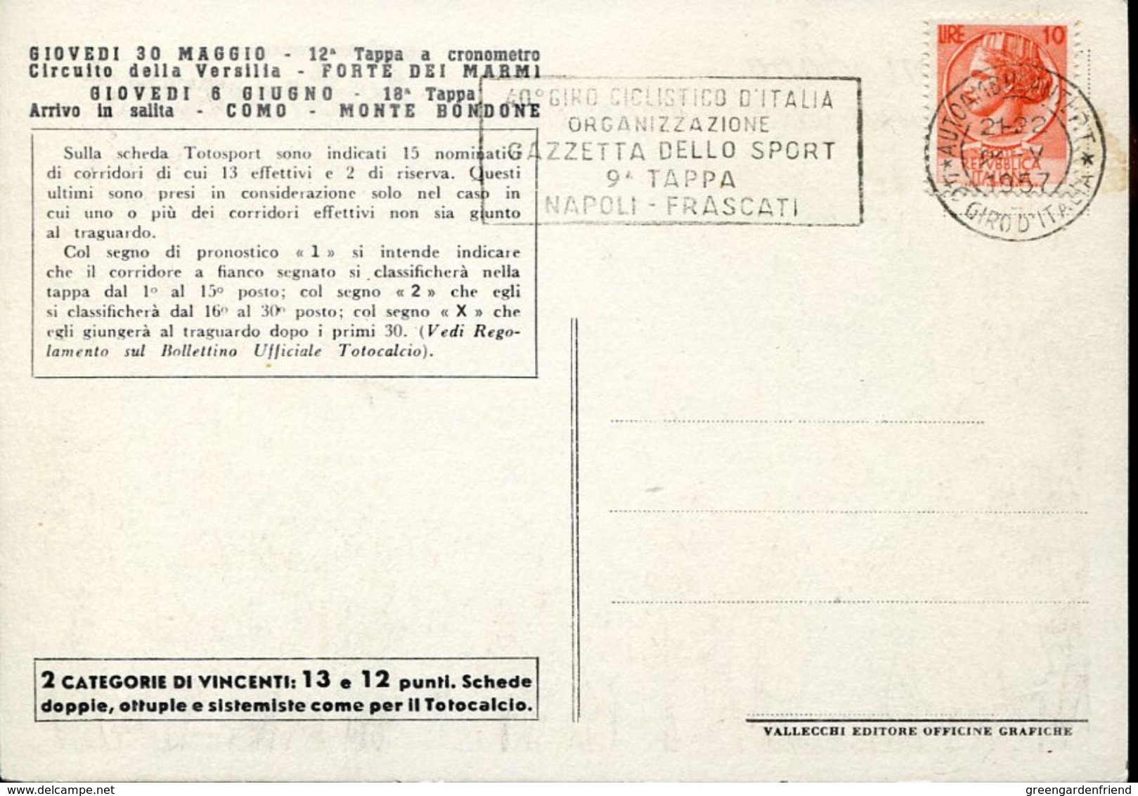 32714 Italia,special Card And Postmark Slogan 1957 Cycling Tour Of Italy,stage From Napoli To Frascati ,giro D'italia - Ciclismo