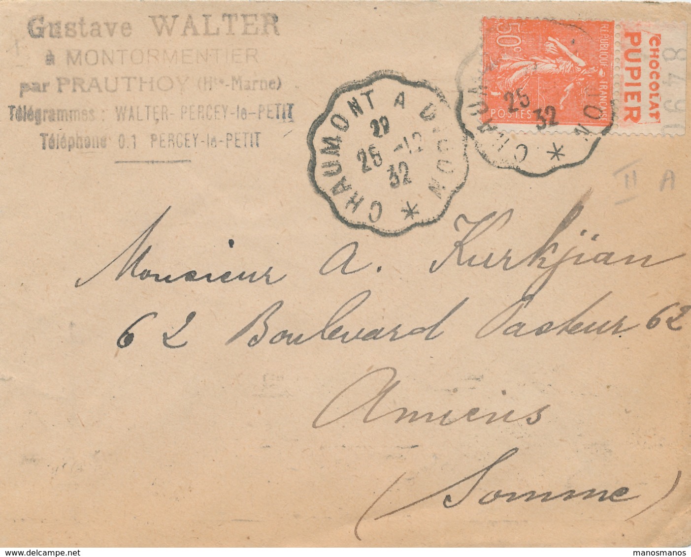 256/26 - Lettre TP Semeuse Lignée 50 C PUB  Chocolat Pupier - Convoyeur Chaumont à Dijon 1932 - Andere & Zonder Classificatie