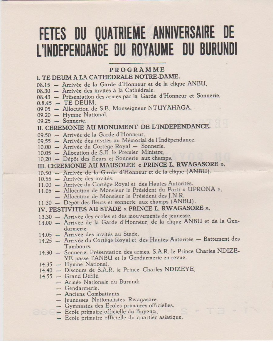 Afrique - Burundi - Invitation Par Le 1er Ministre Pour Le 4 Ièm Anniversaire D'Indépendance Du Burundi En 1966 - - Historical Documents