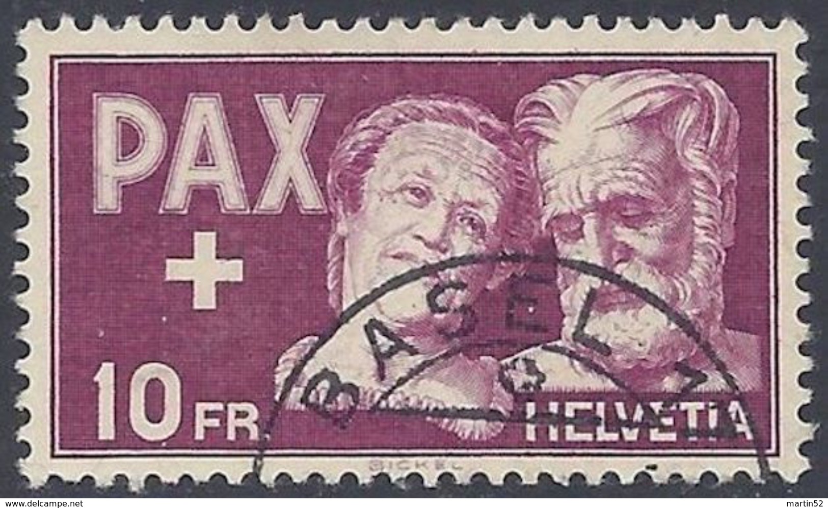 Schweiz Suisse PAX 1945 (10 Fr): Zu 274 Mi 459 Yv 417 Mit Eck-o BASEL (Zumstein CHF 250.00) Start Zu 15% ! - Used Stamps