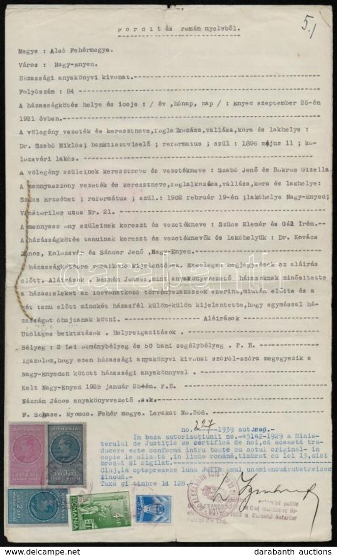 Nagy Enyed 1925 Házassági Anyakönyvi Kivonat Fordítása/ Document And Translation With Romanian And Hungarian Fiscal Stam - Unclassified