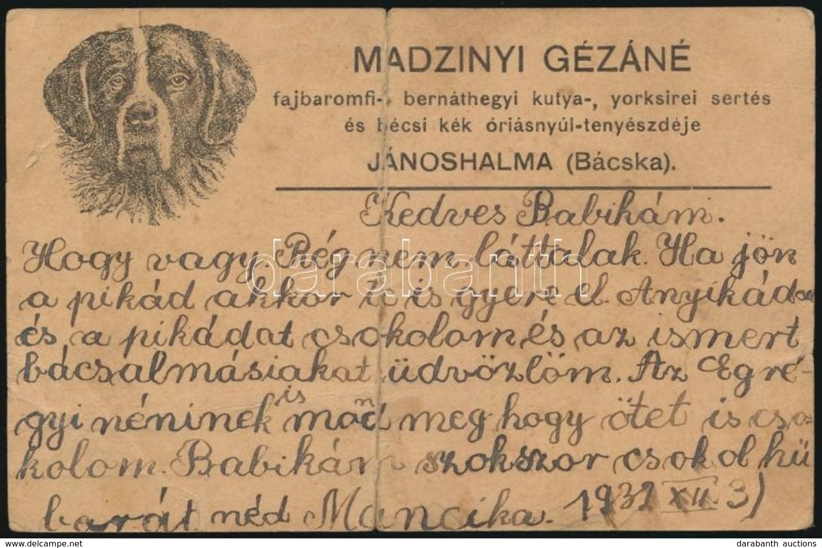 1932 Jánoshalma, Madzinyi Gézáné Fajbaromfi-, Bernáthegyi Kutya-, Yorksirei Sertés és Bécsi Kék óriásnyúl Tenyészdéje Fe - Unclassified