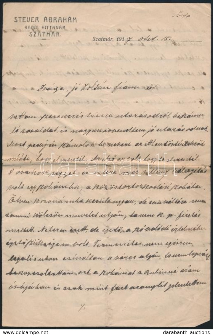 1917 Szatmár, Steuer Ábrahám Rabbi, Saját Kez? Levele / Ábrahám Steuer Rabbi's Letter - Other & Unclassified