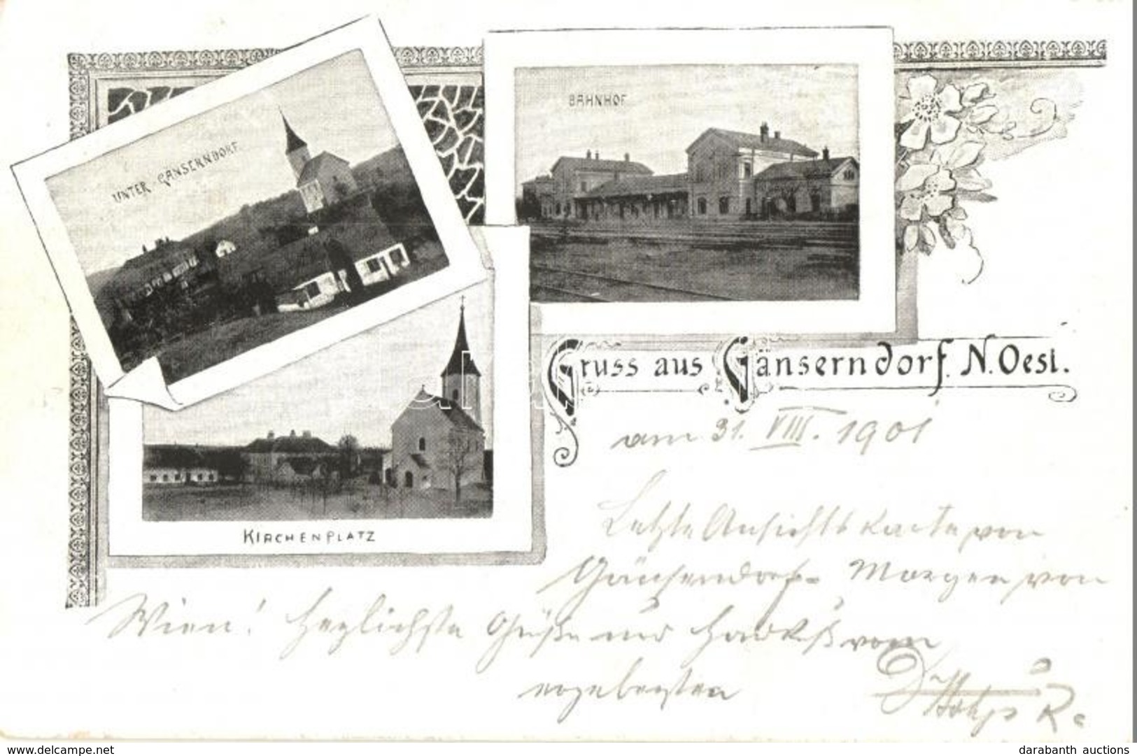 T2 1901 Gänserndorf, Unterstadt, Bahnhof, Kirchenplatz / Railway Station, Church Square, Floral, Art Nouveau - Ohne Zuordnung