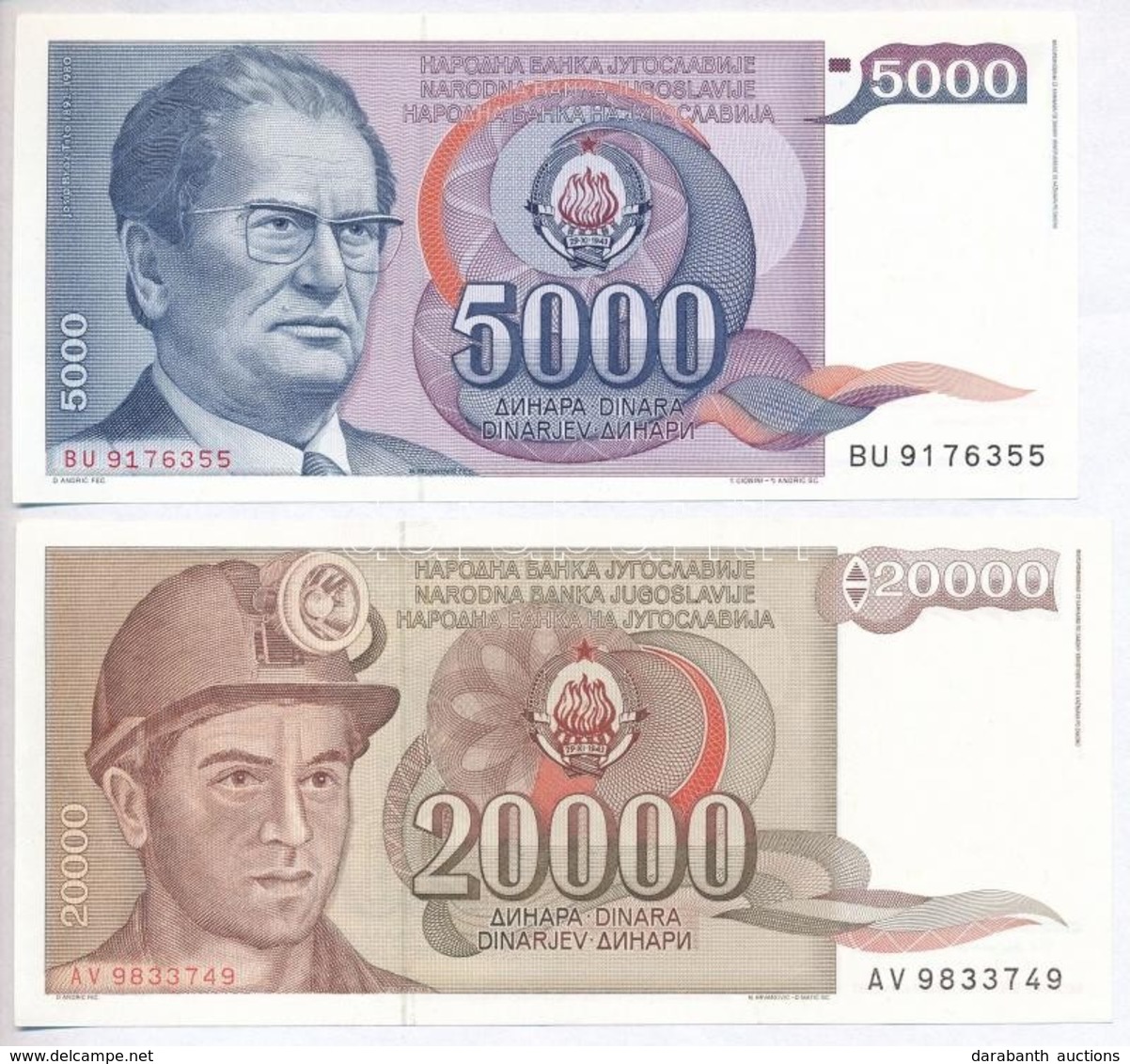 Jugoszlávia 1985. 5000D + 1987. 20.000D T:I-
Yugoslavia 1985. 5000 Dinara + 1987. 20.000 Dinara C:AU - Ohne Zuordnung