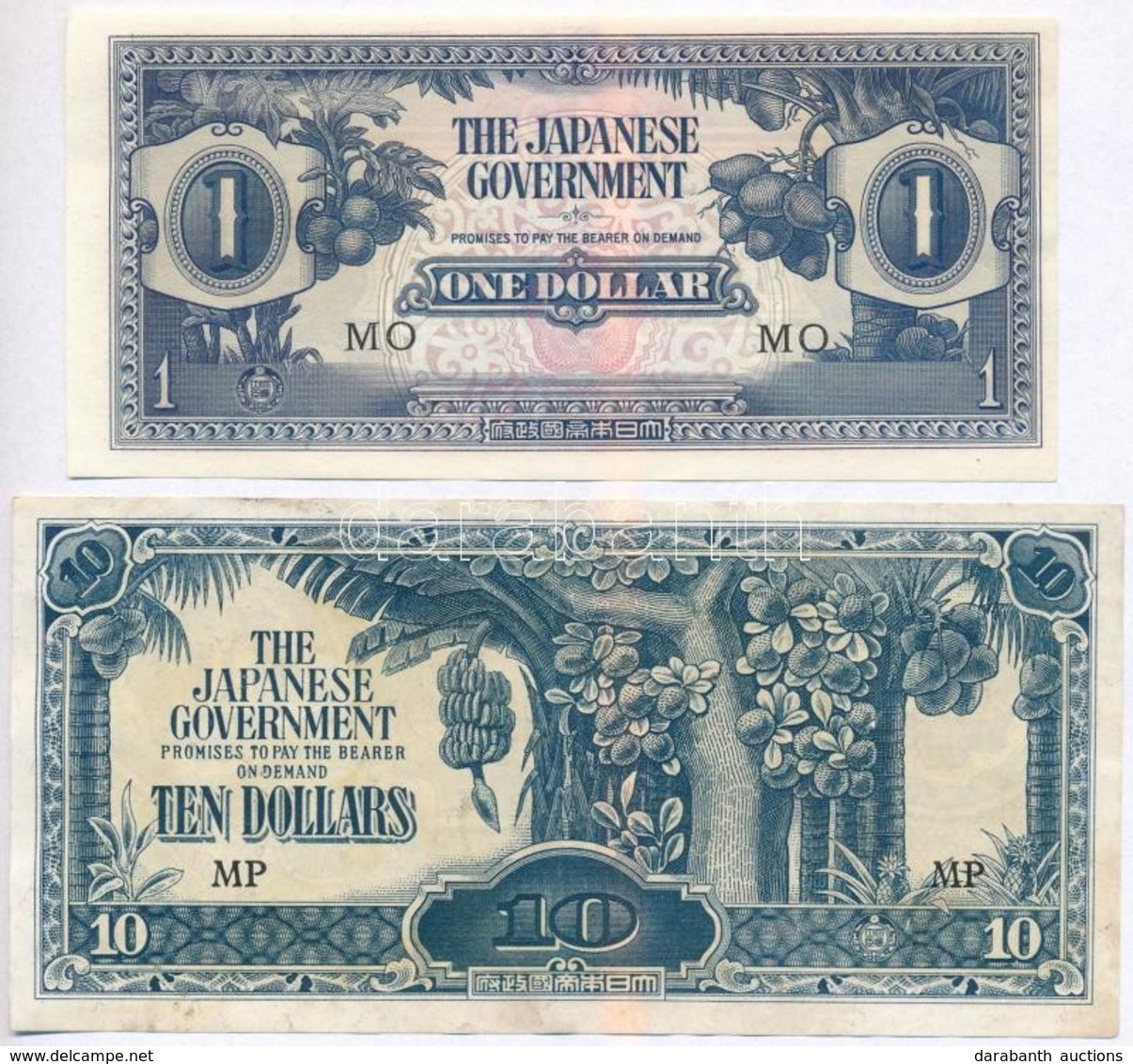 Malaya / Japán Megszállás 1942. 1$ + 1942-1944. 10$ T:II,II-
Malaya / Japan Occupation 1942. 1 Dollar + 1942-1944. 10 Do - Unclassified