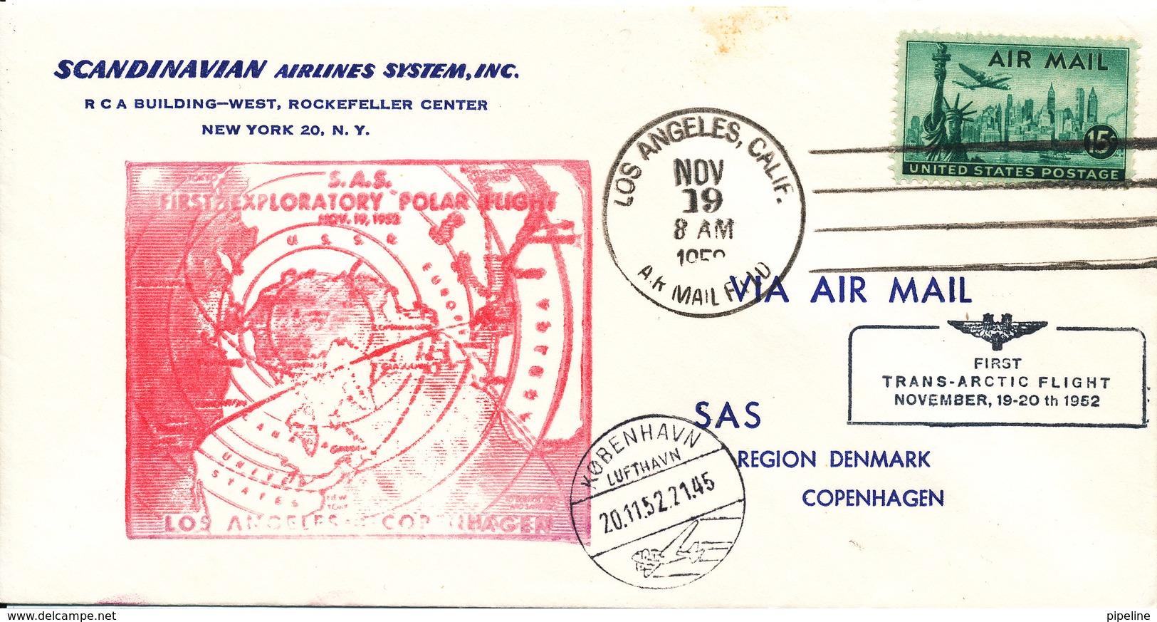 USA SAS First Trans Arctic Flight Los Angeles - Copenhagen Via Greenland 19-11-1952 - Lettres & Documents
