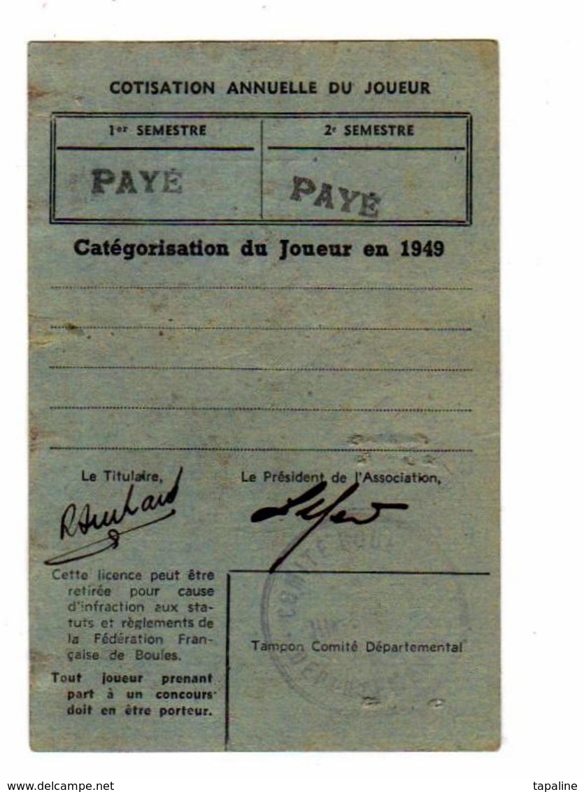 Fèdèration Française De Boules De 1949 - Documents Historiques