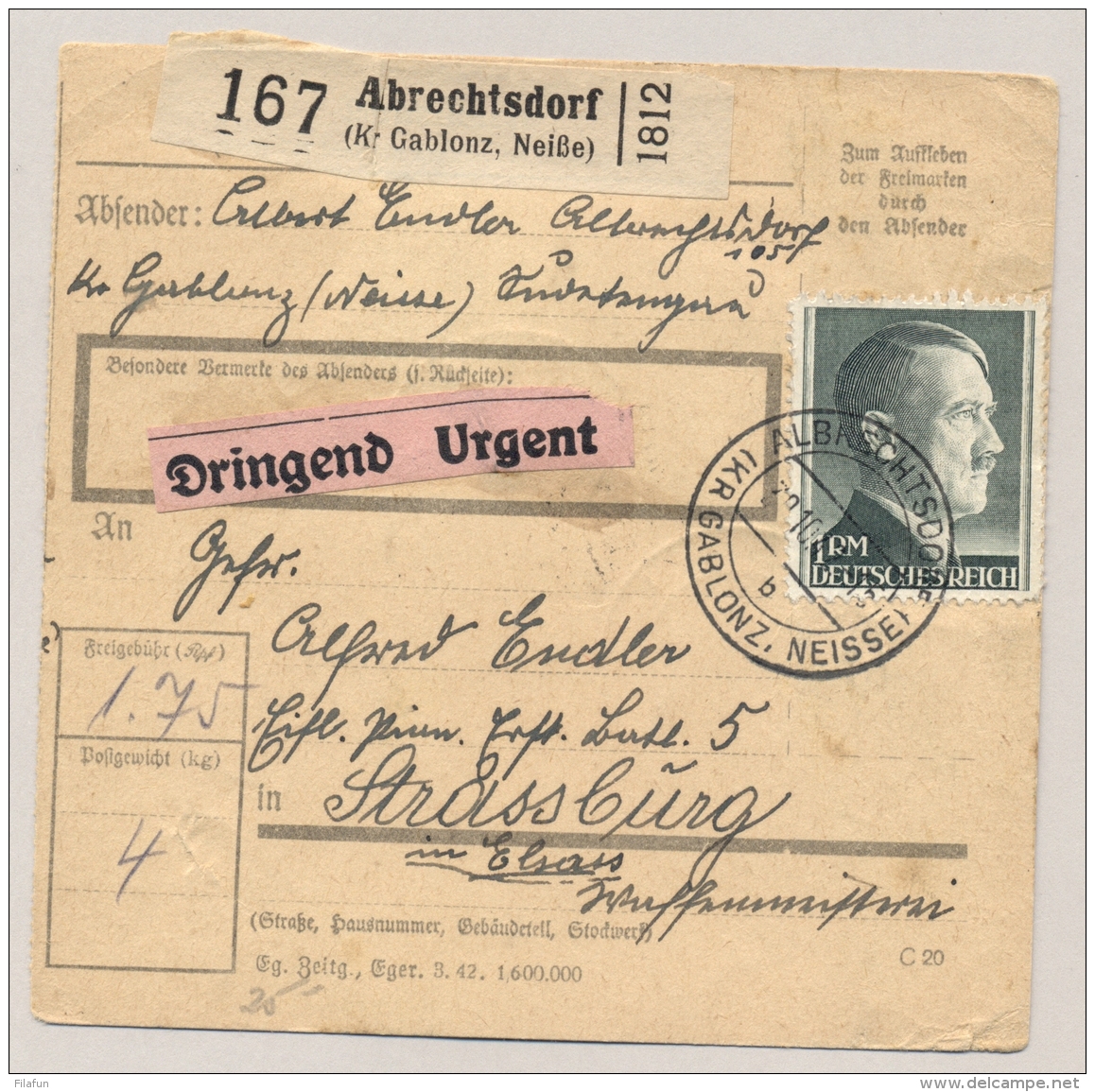 Deutsches Reich - 1942 - 1Rm + 50pf Adolf Hitler + 25pf Hindenburg Om Urgent Pakketkarte From Abrechtsdorf To Strassburg - Brieven En Documenten