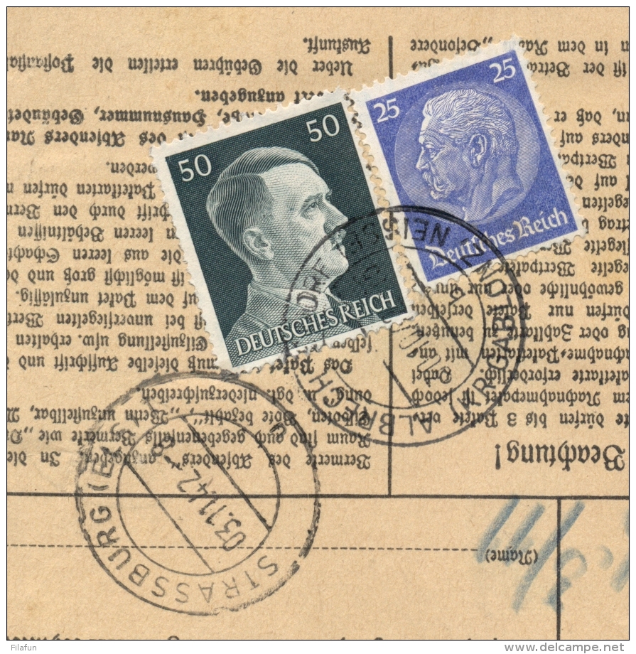 Deutsches Reich - 1942 - 1Rm + 50pf Adolf Hitler + 25pf Hindenburg Om Urgent Pakketkarte From Abrechtsdorf To Strassburg - Brieven En Documenten