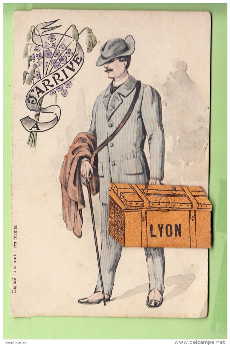 LYON - Carte Illustrateur - J'arrive à Lyon Avec Ma Malle - Carte à Système 10 Vues - 3 Scans - Other & Unclassified