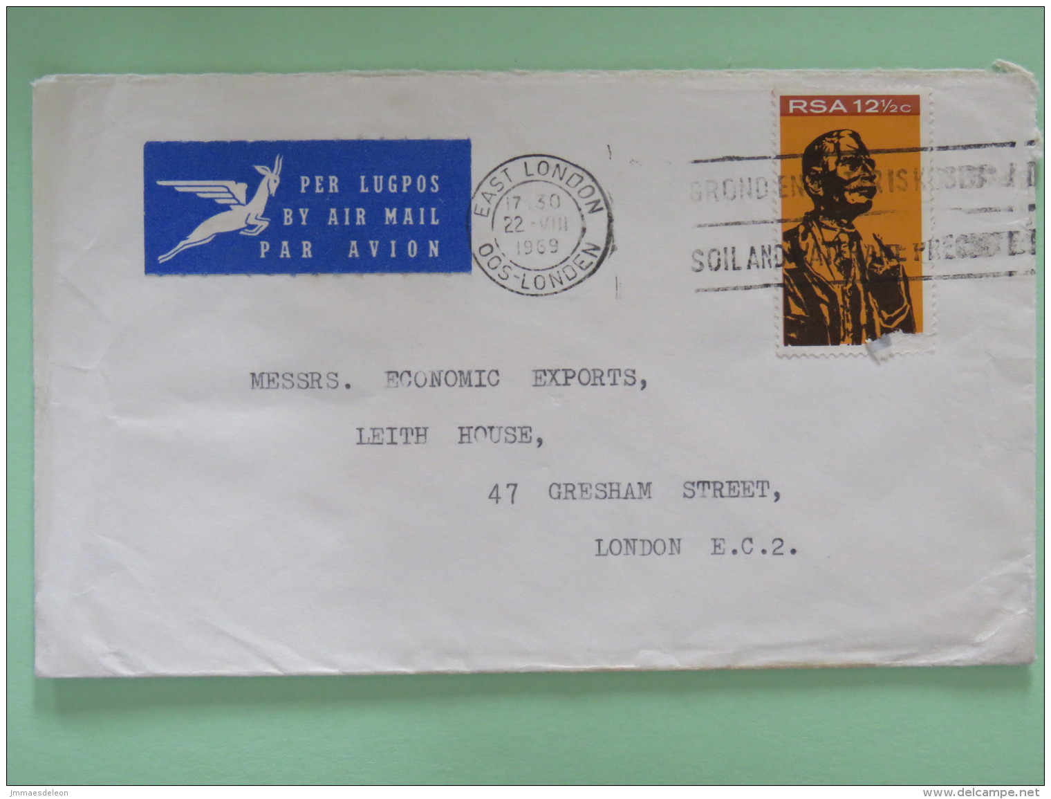 South Africa 1969 Cover To England - James Hertog Statue (stamp Damaged) - Lettres & Documents