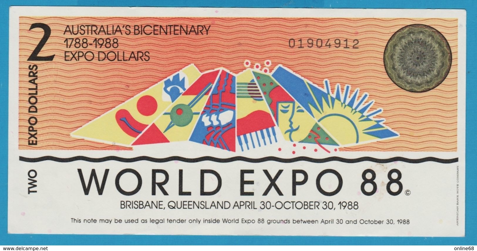 AUSTRALIA 2 EXPO DOLLARS 1788-1988 WORLD EXPO 88 No 01904912 - Ficticios & Especimenes