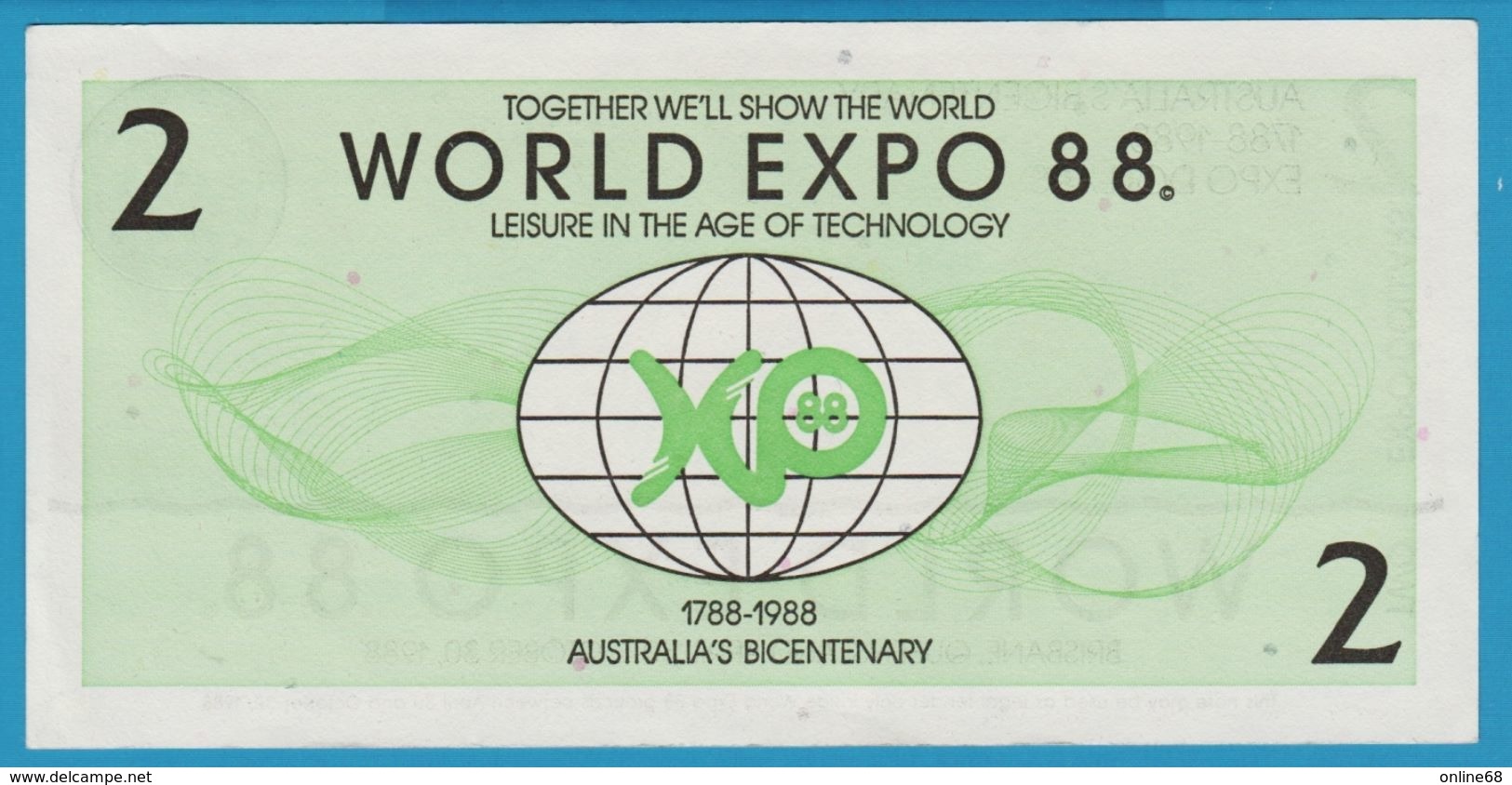 AUSTRALIA 2 EXPO DOLLARS 1788-1988 WORLD EXPO 88 No 01904912 - Specimen