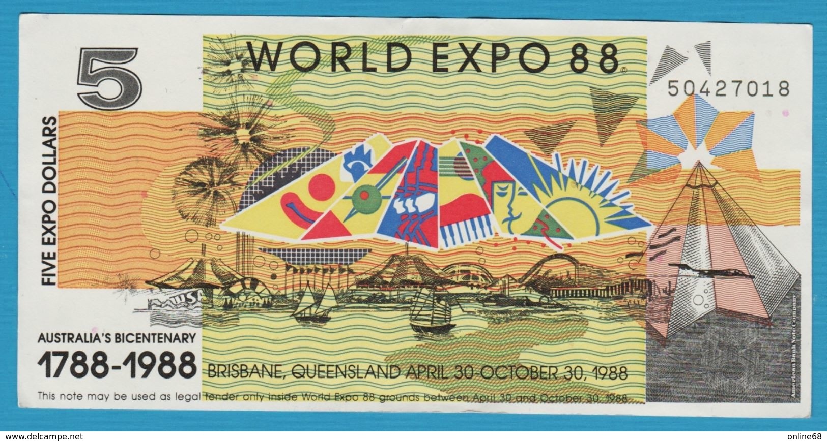 AUSTRALIA 5 EXPO DOLLARS 1788-1988 WORLD EXPO 88 No 50427018 - Specimen