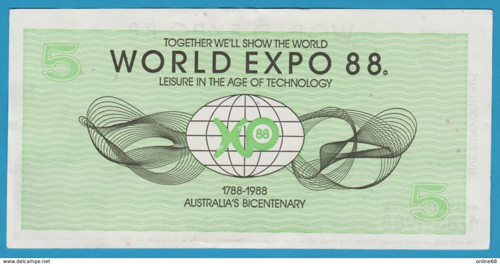 AUSTRALIA 5 EXPO DOLLARS 1788-1988 WORLD EXPO 88 No 50427018 - Specimen