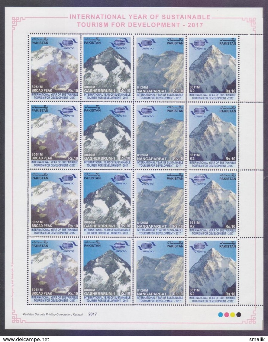 PAKISTAN 2017 MNH, UNWTO Int'l Year Of Sustainable Tourism For Development, K2 Mountains Nangaparbat Gasherb, Full Sheet - Pakistan