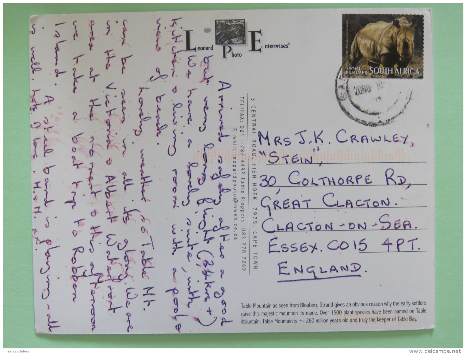 South Africa 2008 Postcard ""Table Mountain"" To England - Rhinoceros - Lettres & Documents