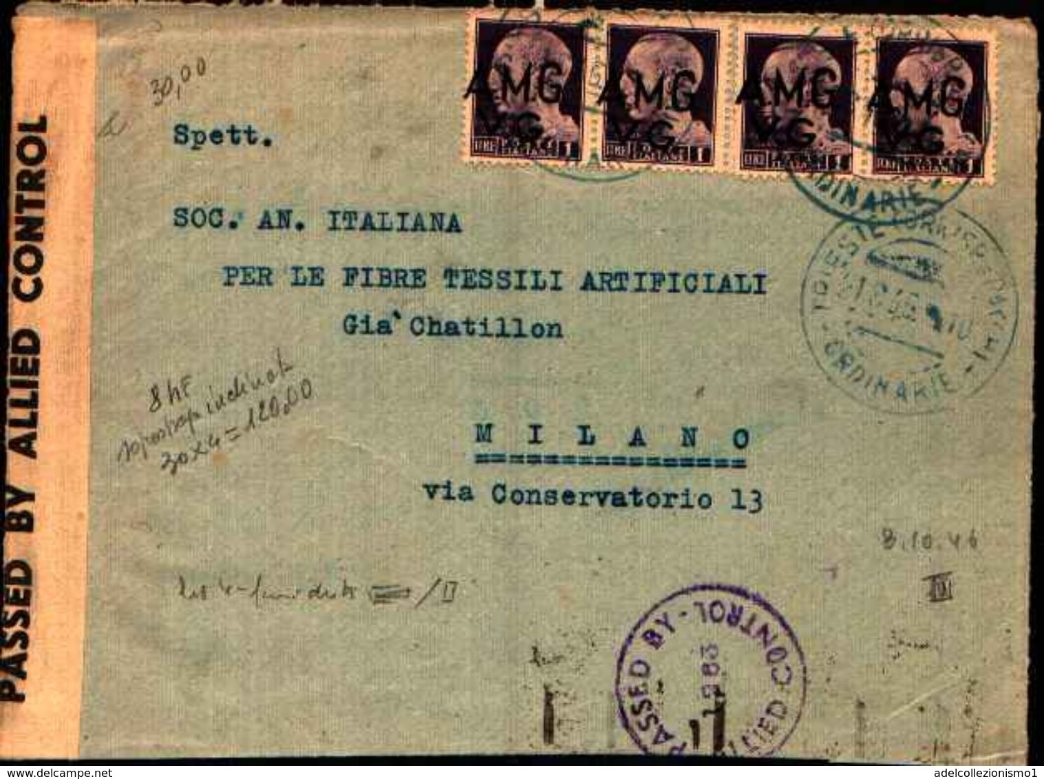 87359) Frontespizio Con 4x1l.imperiale Con Soprastampa A.m.g.v.g Obliqua N.8hf Il 21/8/1946 - Poststempel