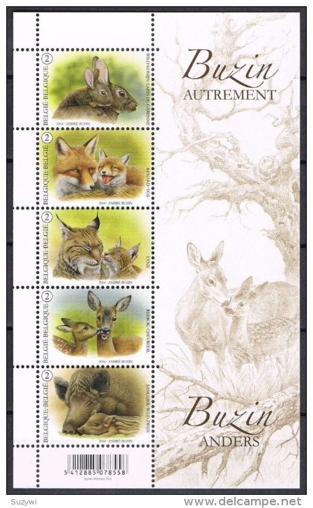 Belgique**ANIMAUX-CHASSE-BUZIN-SANGLIER-LYNX-RENARD-LAPIN-CERF-FEUILLET 5vals-2014-NSC- TIERE-DIEREN - Ungebraucht