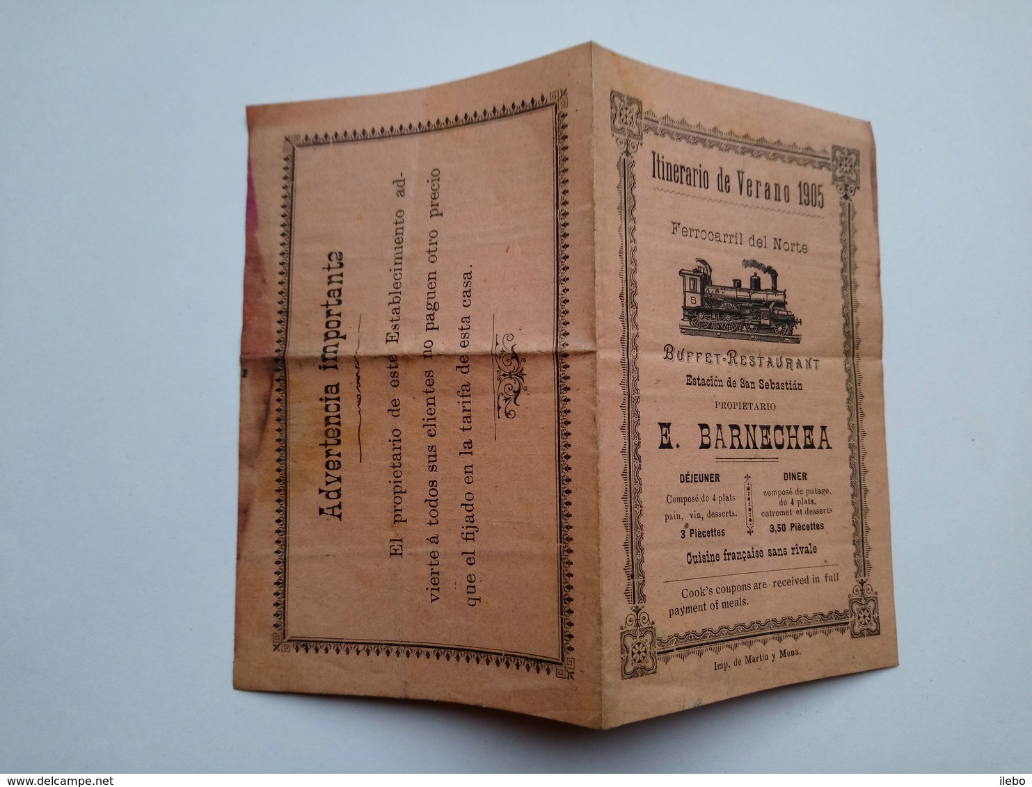 Petite Brochure Horaire Train  Itinerario De Verano 1905 Ferrocarril Del Norte Restaurant Barnechéa Espagne - Dépliants Touristiques