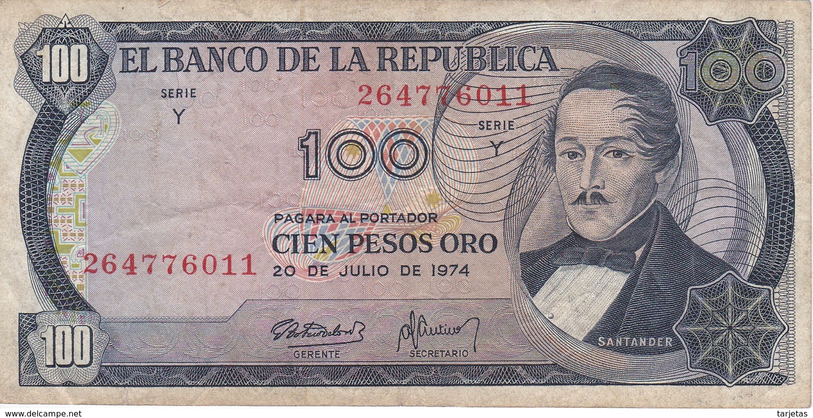 BILLETE DE COLOMBIA DE 100 PESOS DE ORO DEL AÑO 1974  (BANK NOTE) - Colombia