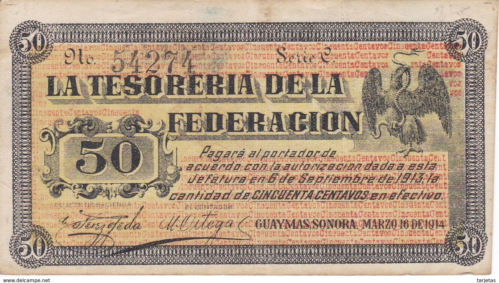 BILLETE DE MEXICO DE 50 CENTAVOS DEL AÑO 1914  TESORERIA FEDERACION (BANKNOTE) - Mexique