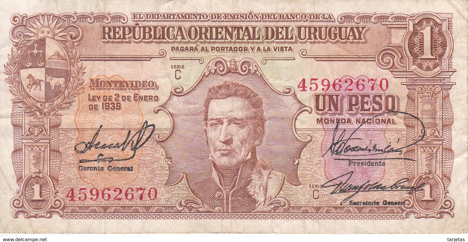 BILLETE DE URUGUAY DE 1 PESO DEL AÑO 1939 DIFERENTES FIRMAS (BANKNOTE) - Uruguay