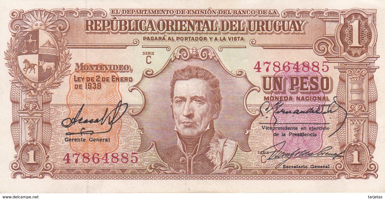 BILLETE DE URUGUAY DE 1 PESO DEL AÑO 1939 DIFERENTES FIRMAS CALIDAD EBC (XF) (BANKNOTE) - Uruguay