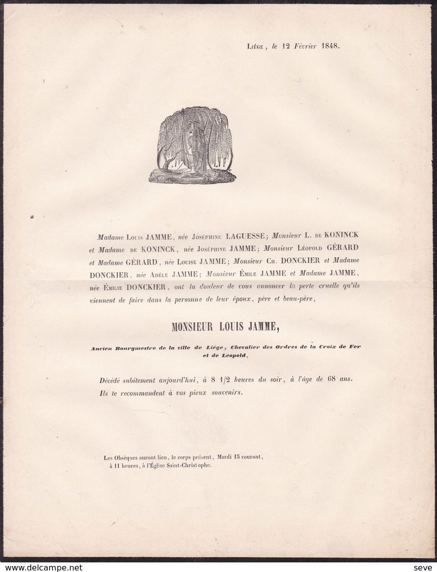 LIEGE 1830 Croix De Fer Louis JAMME Ancien Bourgmestre 1848 68 Ans Famille LAGUESSE GERARD De KONINCK DONCKIER - Obituary Notices