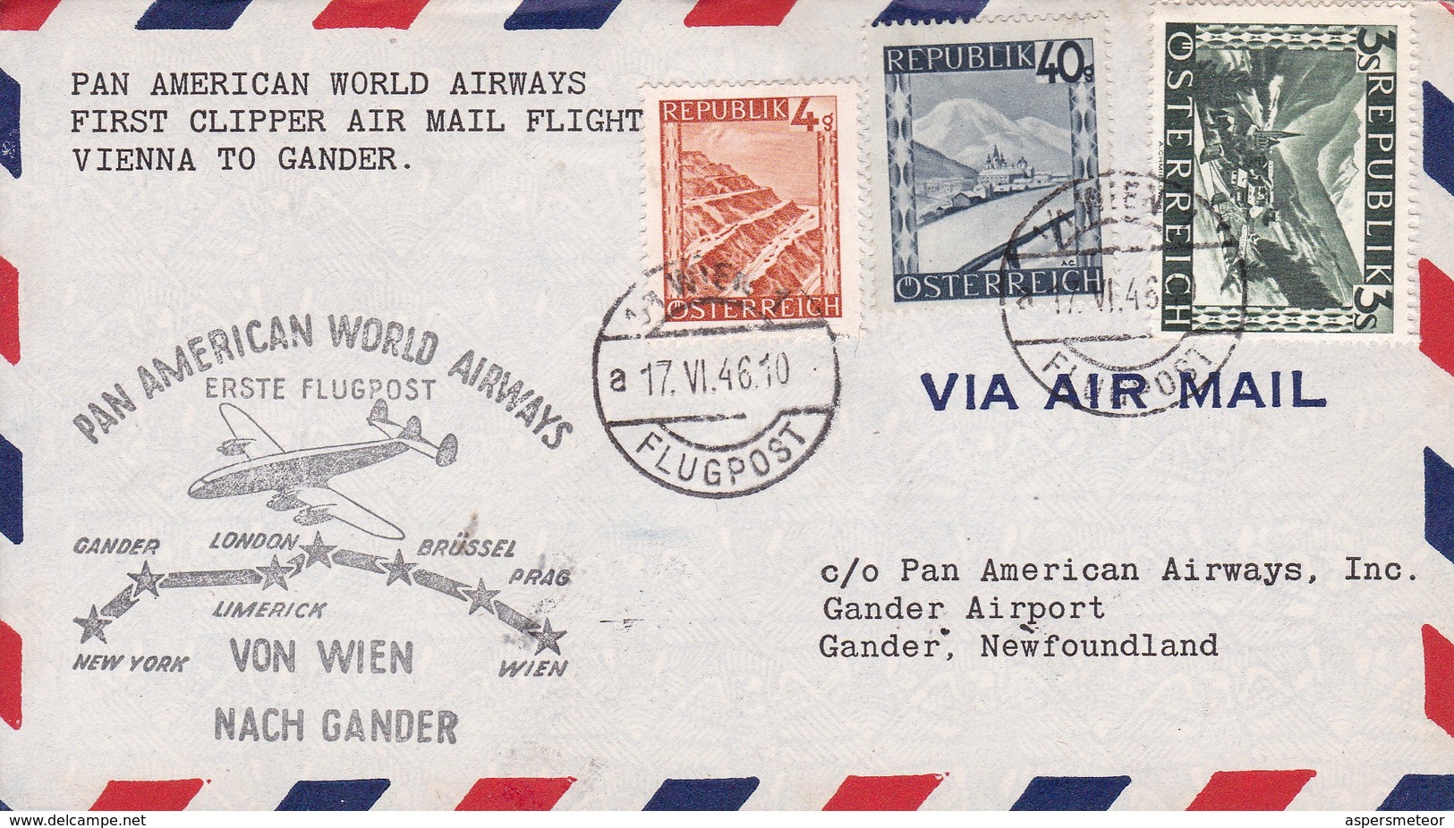 BELGIQUE. FIRST FLIGHT. PAN AMERICAN AIRWAYS VIENNA TO GANDER.-TBE-BLEUP - Autres & Non Classés