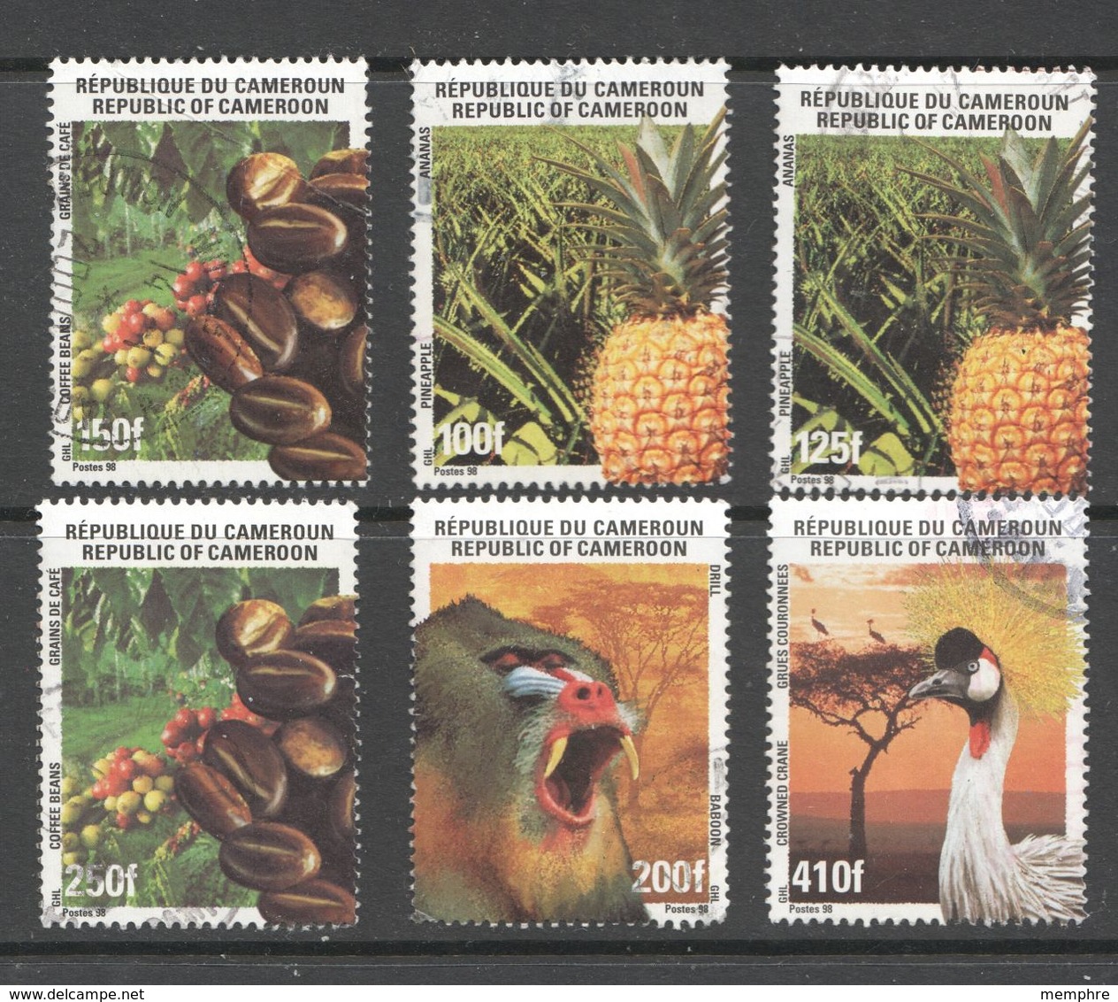 CAMEROUN 1998  Faune Et Flore Ananas 100 Et 125 Fr, Café 150 Et 250 Fr, Babouin 200 Fr, Grue 410 Fr - Cameroon (1960-...)