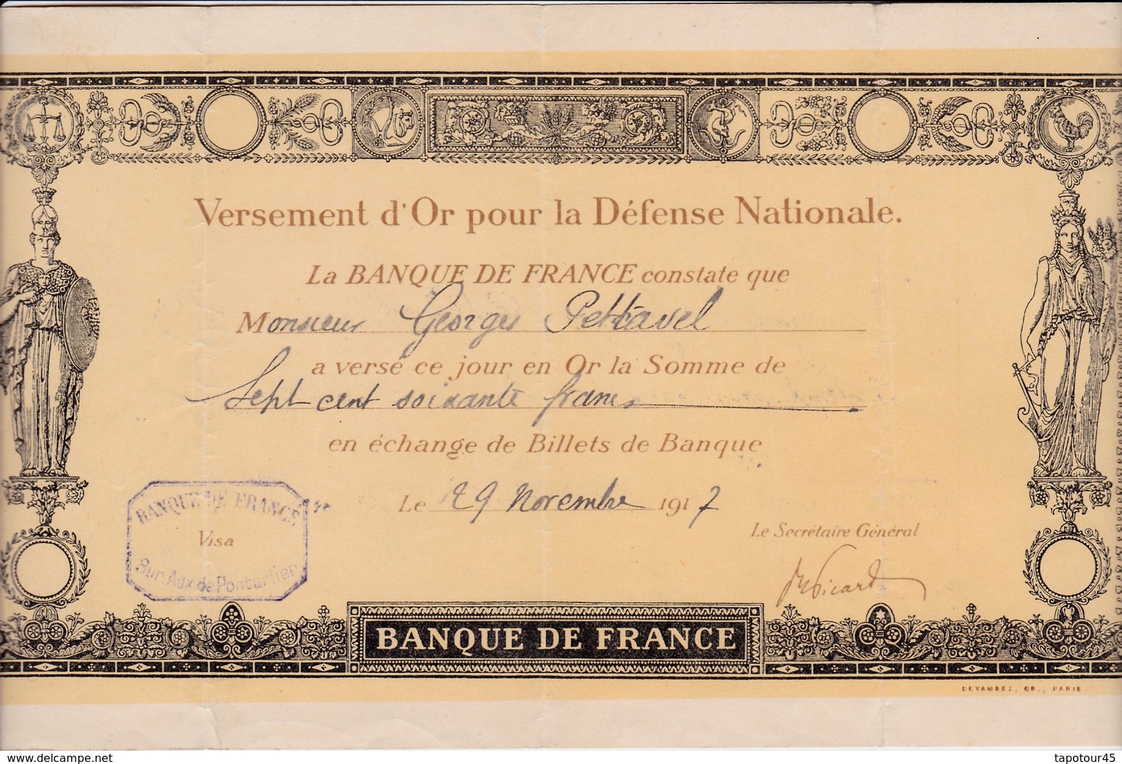 (Cl 3)  Reçu D Un Versement D OR Pour La Défense National 1917 - Other & Unclassified