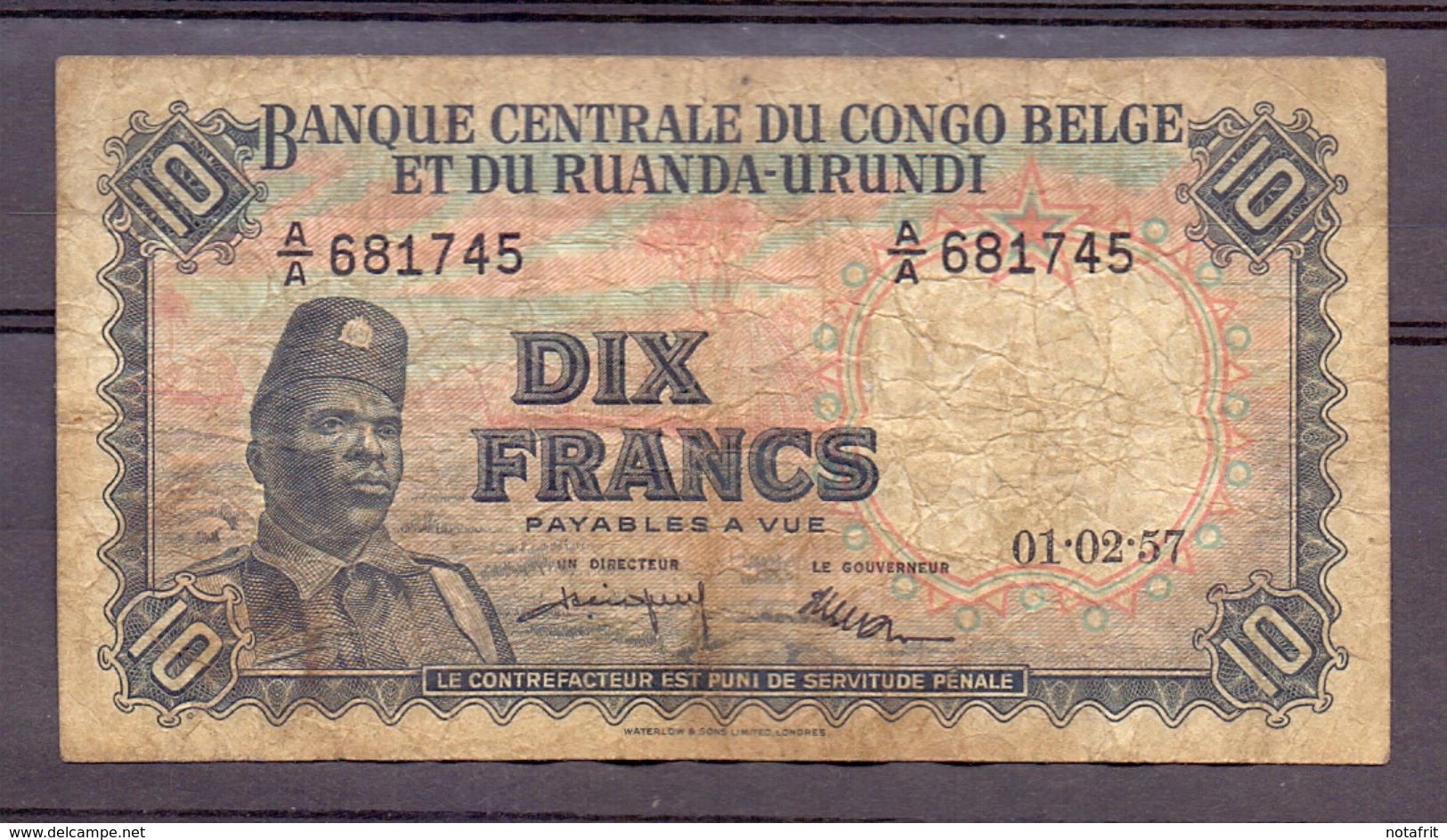 Belgian Congo Kongo 10 Fr 1957  VG - Belgian Congo Bank