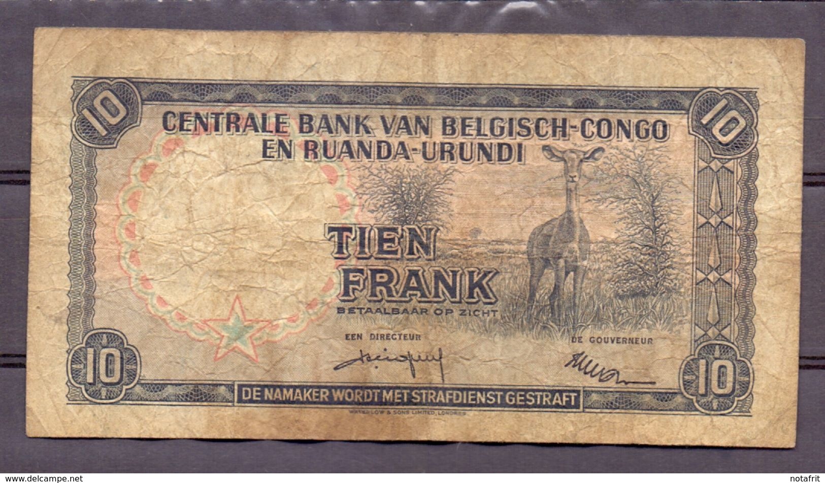 Belgian Congo Kongo 10 Fr 1957  VG - Belgian Congo Bank